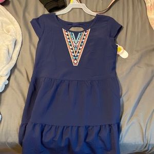 Beautiful Blue and Multi colored dress with little back showing.